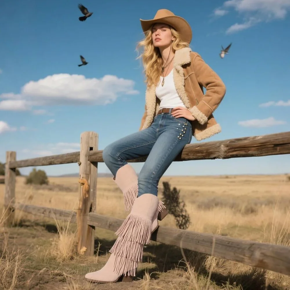 Women Retro Pointed Faux Suede Apricot Fringe Knee High Western Cowgirl Boot